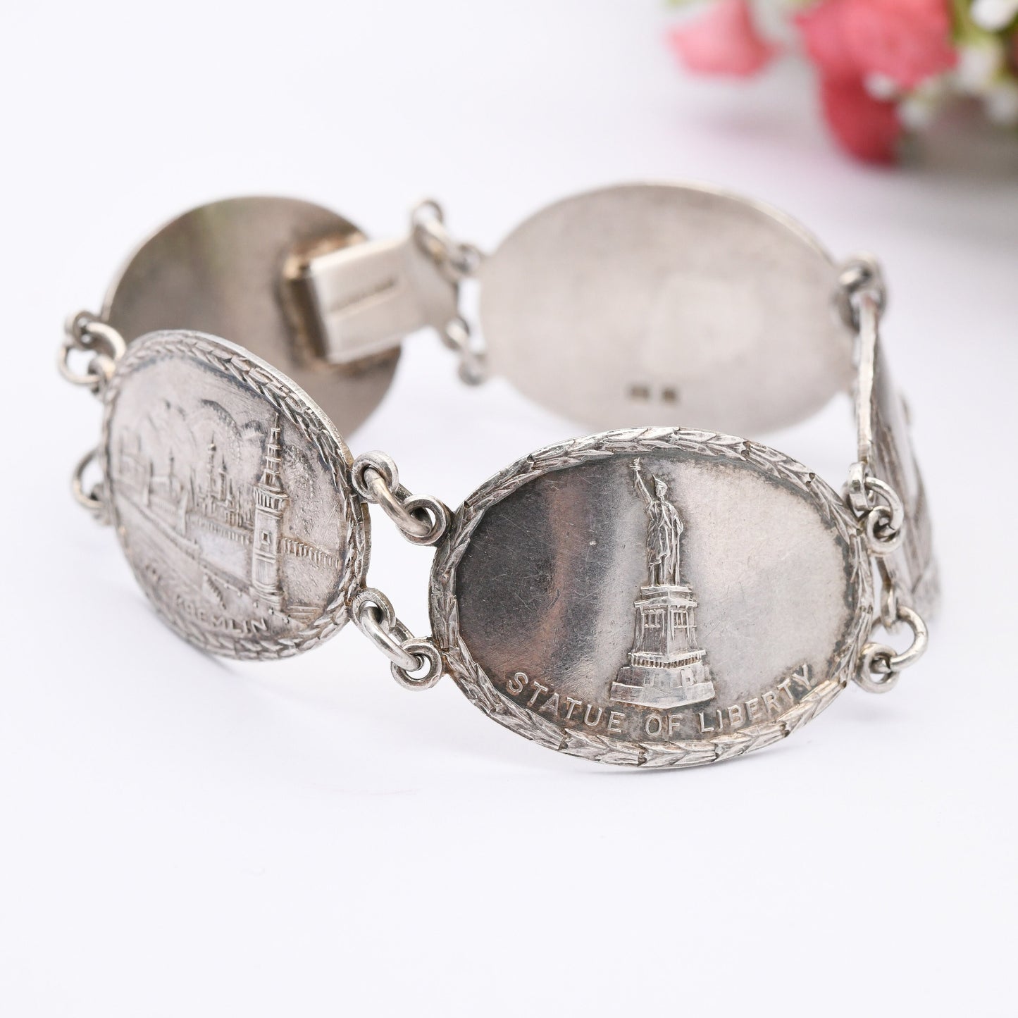 Vintage Sterling Silver Souvenir Bracelet 1945 World Tourist Sites - 5 Panel Scenes | Statue of Liberty USA Arc de Triomphe Paris Parliament