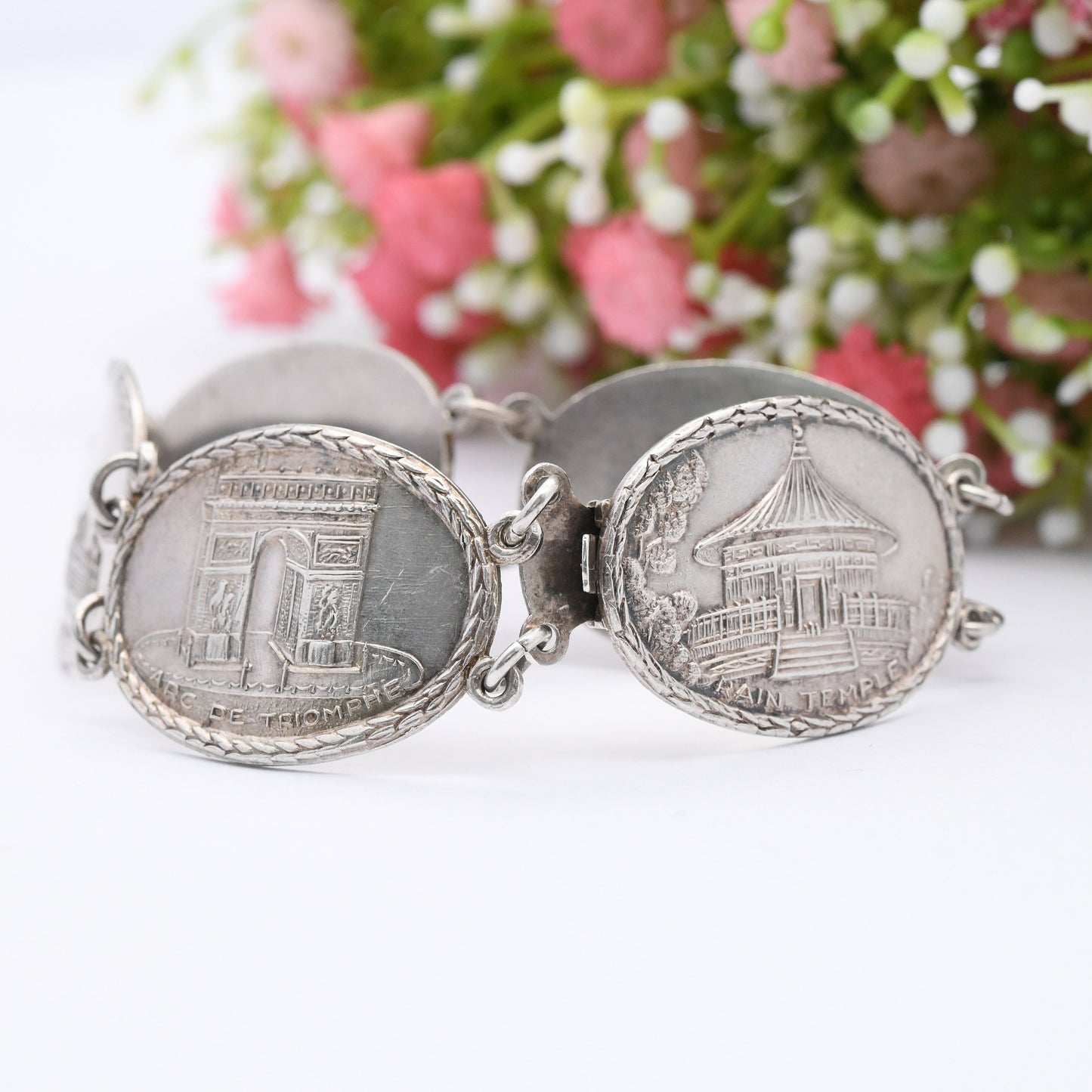 Vintage Sterling Silver Souvenir Bracelet 1945 World Tourist Sites - 5 Panel Scenes | Statue of Liberty USA Arc de Triomphe Paris Parliament