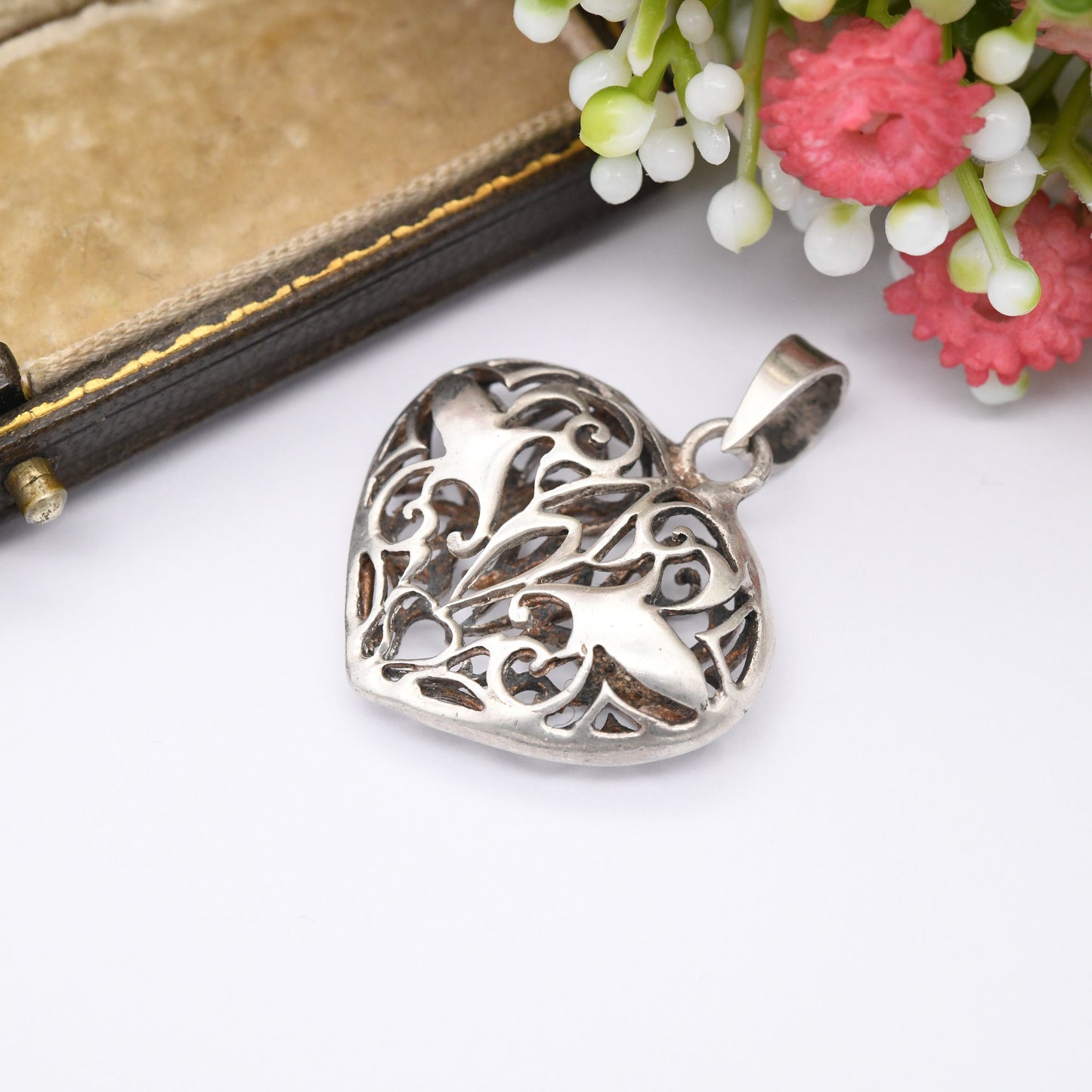 Vintage Sterling Silver Puffed Heart Pendant Floral Openwork Design - Sweet Birthday Gift for Her | Pretty Jewellery | Chunky Love Heart
