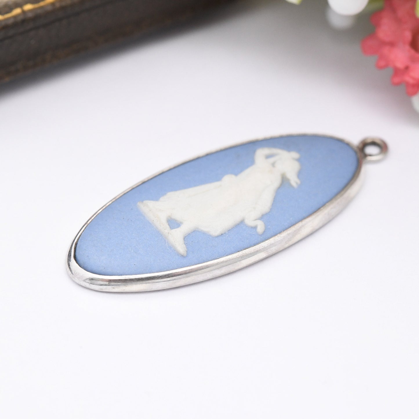 Vintage Wedgwood Sterling Silver Hygieia Blue Jasperware Pendant 1976 - Goddess of Health Snake and Asclepius Staff | Oval Classical Cameo