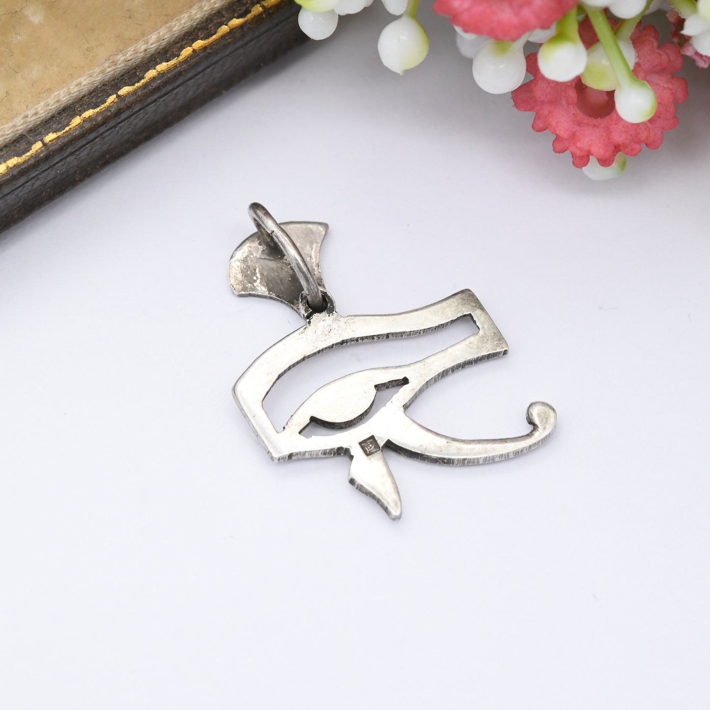 Vintage Egyptian Silver Eye of Horus Eye of Ra Pendant - Openwork Design with Lotus Flower Bale | 800 Silver