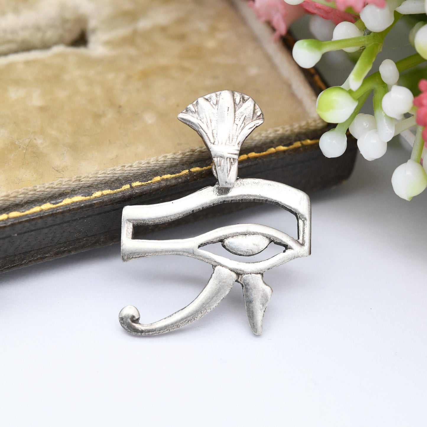 Vintage Egyptian Silver Eye of Horus Eye of Ra Pendant - Openwork Design with Lotus Flower Bale | 800 Silver
