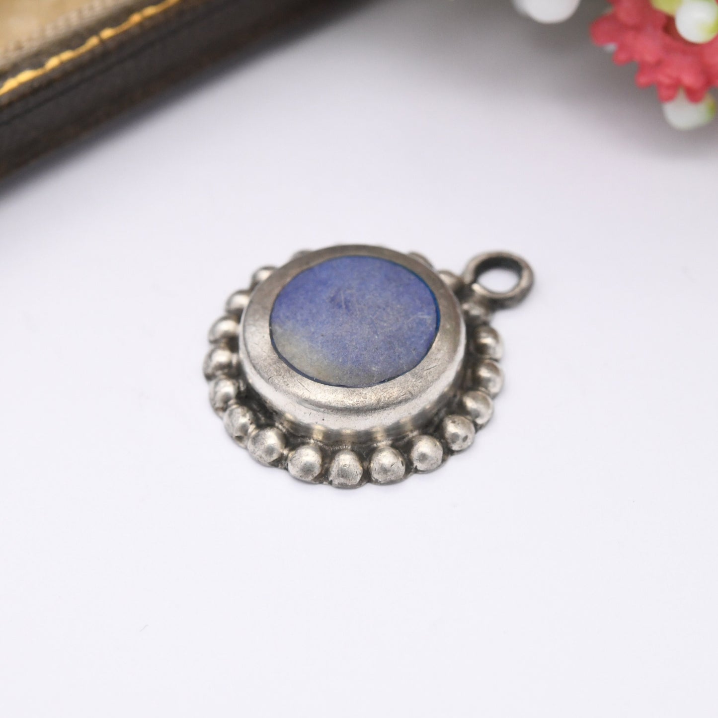 Vintage Taxco Mexico Sterling Silver Blue Stone Pendant - Large Cabochon Stone Granulated Edges | Chunky Necklace Stack Charm