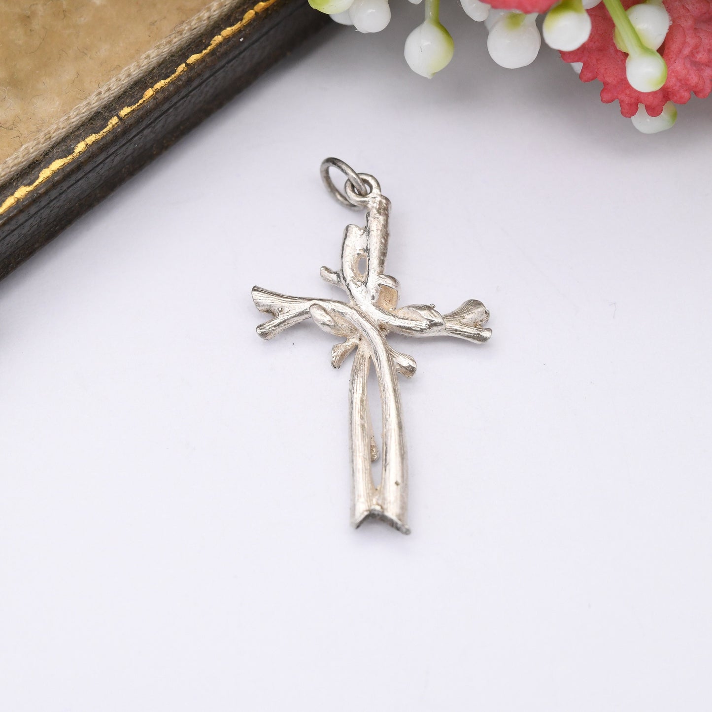 Vintage Sterling Silver Cross Pendant with Bark Wood Effect - Sweet Christening Jewellery Gift Present for Christian
