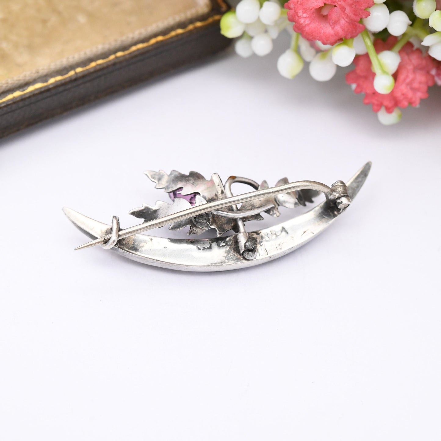 Antique Scottish Sterling Silver Blue Lace Agate Thistle Brooch 1899 - Victorian Jewellery | Pretty Floral National Flower with Purple Glass