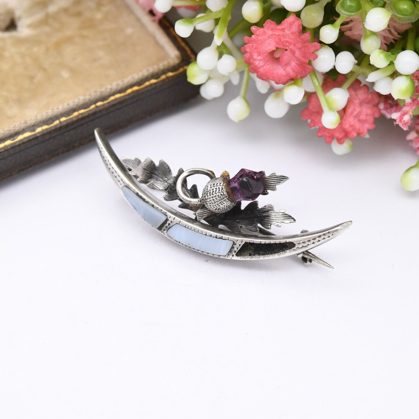 Antique Scottish Sterling Silver Blue Lace Agate Thistle Brooch 1899 - Victorian Jewellery | Pretty Floral National Flower with Purple Glass