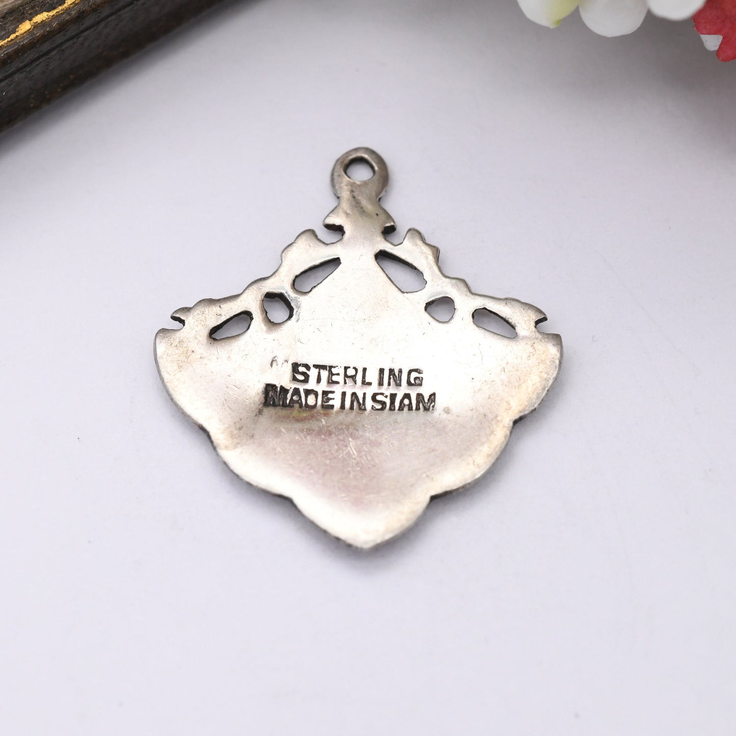 Vintage Siam Sterling Silver Pendant with Black Niello - Unusual Shape with Ornate Border | Mekkala Goddess of Lightning Manimekhala Symbol