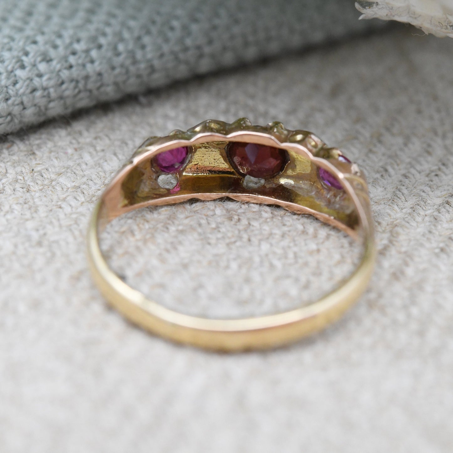 Antique 18ct Gold Ruby Diamond Three Stone Ring - Edwardian Gypsy Ring | Unusual Engagement Ring | UK Size - L | US Size - 5 3/4