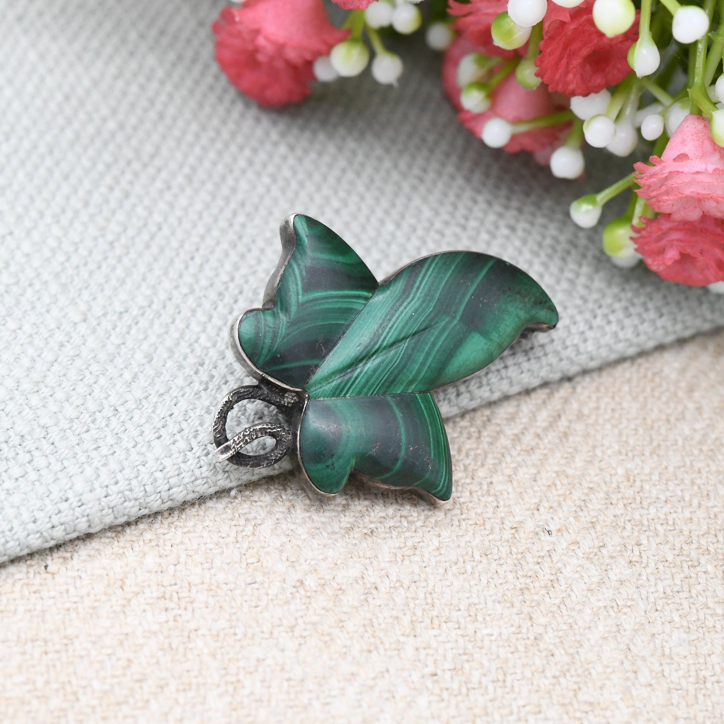 Antique Victorian Silver Malachite Ivy Leaf Brooches Rare Set of Three - Green Leaves Natural Gemstones | Graduated Sizes Small Medium Large