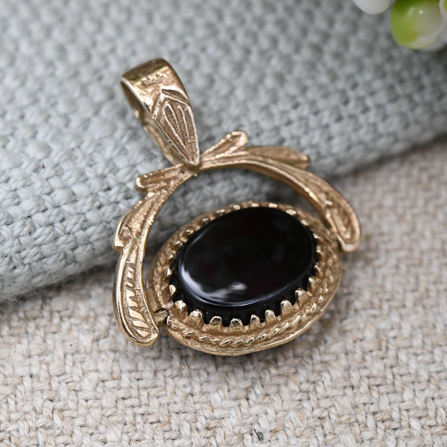 Vintage 9ct Gold Spinner Fob Pendant 1993 - Miniature Gemstone Watch Fob Charm | Antique Style | Brown Tiger's Eye Black Onyx