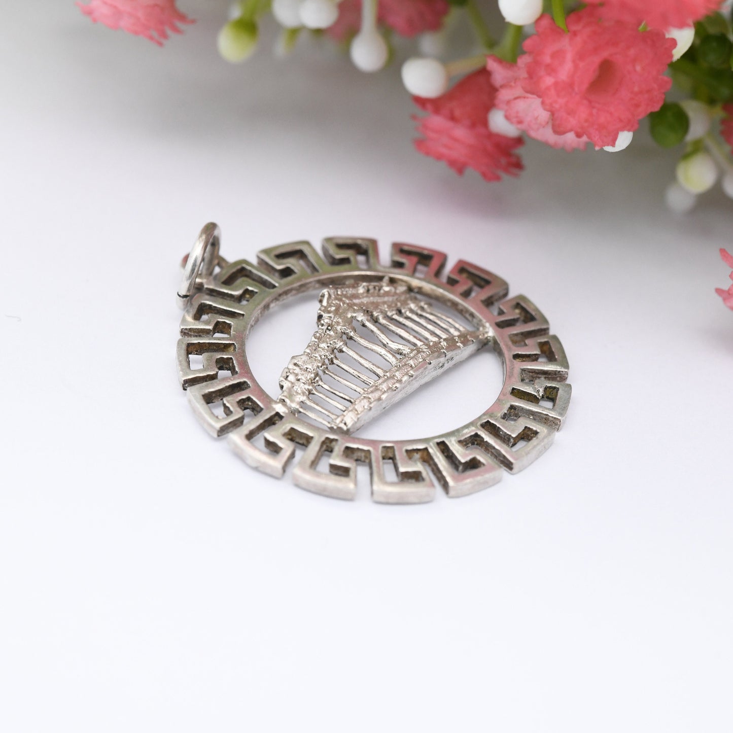 Vintage Sterling Silver Athens Parthenon Pendant - Openwork Meander Greek Key Border | Ancient Greece Souvenir | Acropolis Souvenir Gift