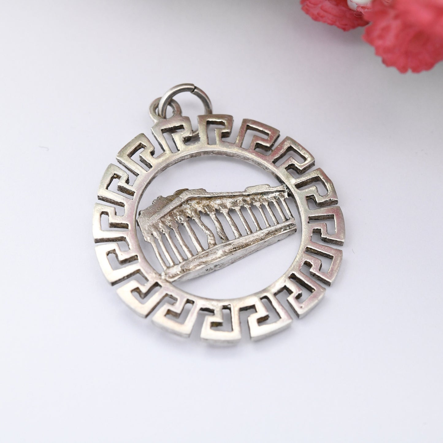Vintage Sterling Silver Athens Parthenon Pendant - Openwork Meander Greek Key Border | Ancient Greece Souvenir | Acropolis Souvenir Gift