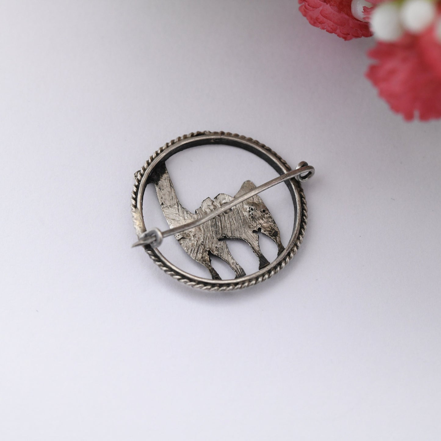 Vintage Sterling Silver Llama Brooch - Peru Silver Animal in a Circle Brooch | Textured Silver Alpaca