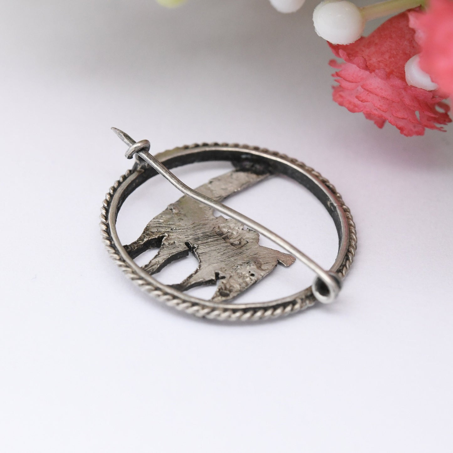 Vintage Sterling Silver Llama Brooch - Peru Silver Animal in a Circle Brooch | Textured Silver Alpaca