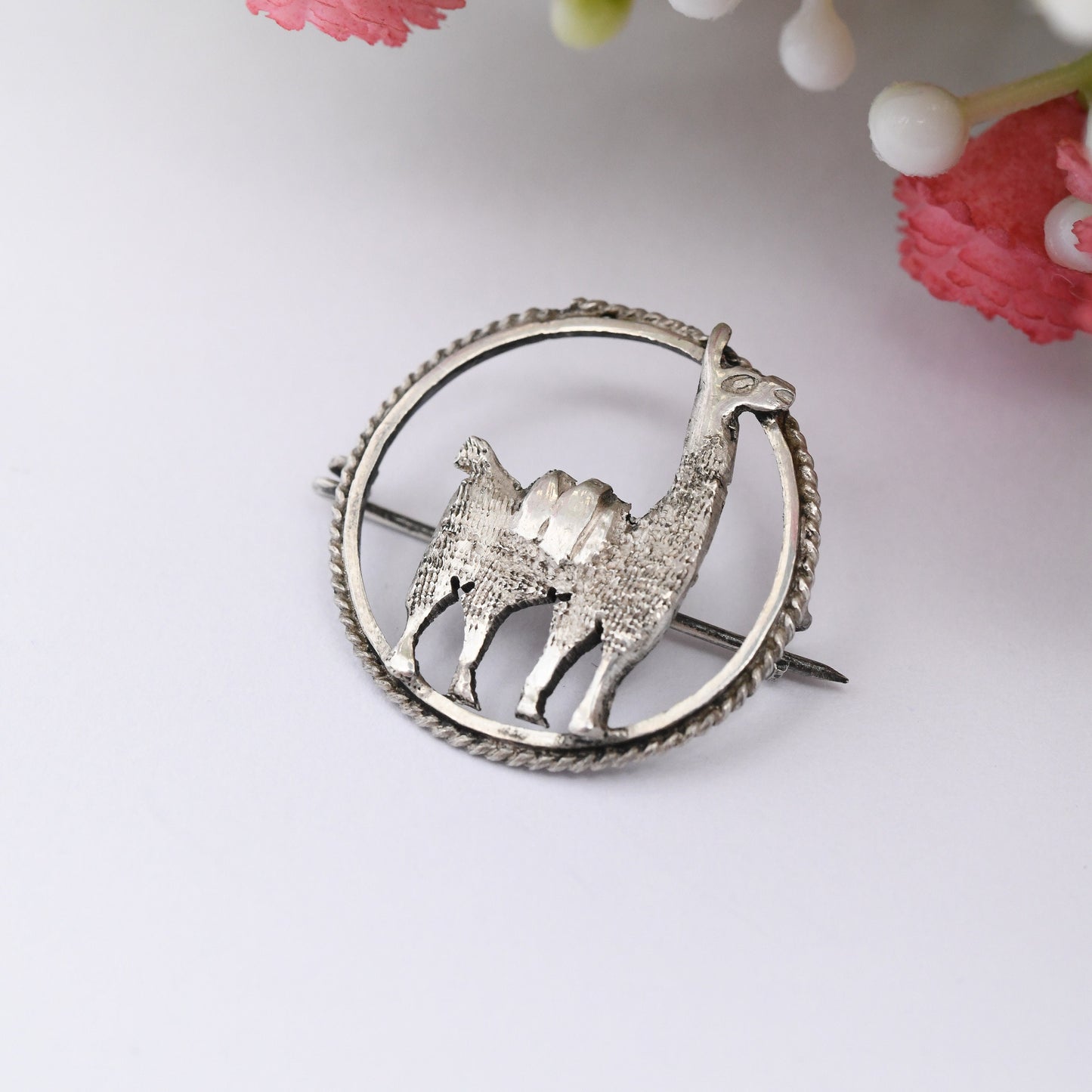 Vintage Sterling Silver Llama Brooch - Peru Silver Animal in a Circle Brooch | Textured Silver Alpaca