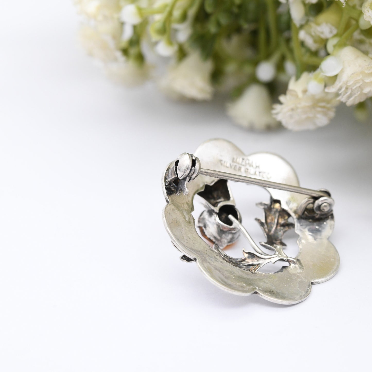 Vintage Mizpah Scottish Thistle Brooch Silver Plated - Orange Citrine Paste Stone | Highlands Floral Statement Jewellery