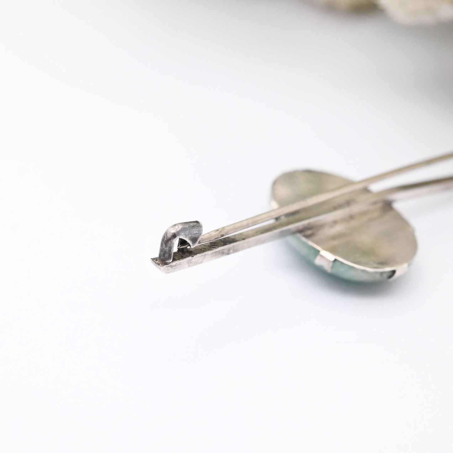 Vintage Sterling Silver Amazonite Bar Brooch with Large Cabochon Gemstone - Blue Green Striped Colour Pattern