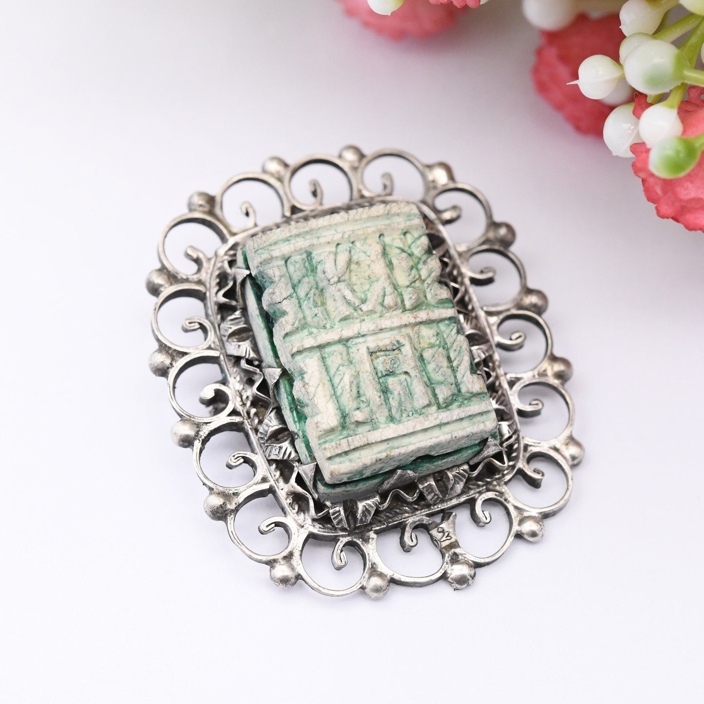 Vintage Egyptian Silver Carved Faience Bead Brooch with Hieroglyphs - Ancient Egyptian Symbols | .800 Silver | Ornate Statement Brooch