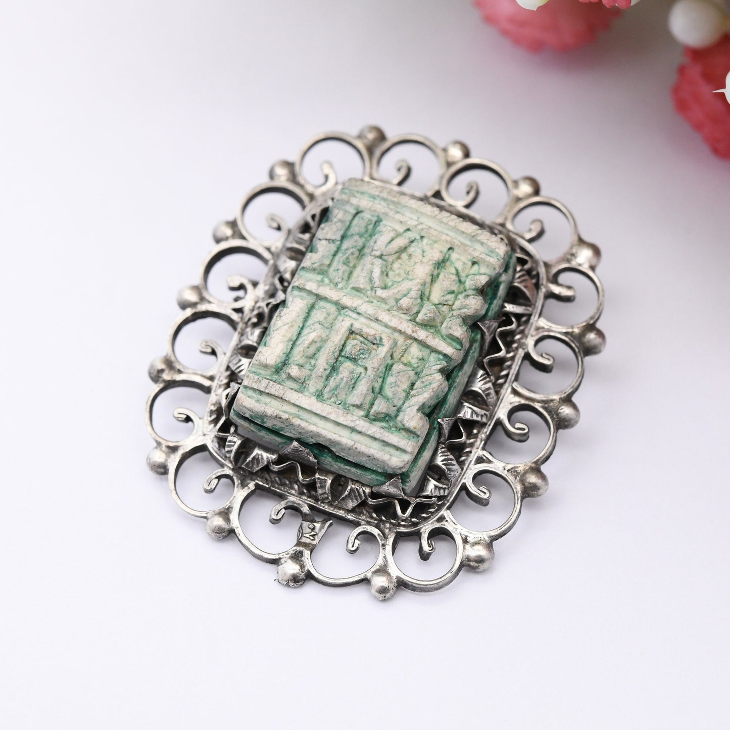 Vintage Egyptian Silver Carved Faience Bead Brooch with Hieroglyphs - Ancient Egyptian Symbols | .800 Silver | Ornate Statement Brooch