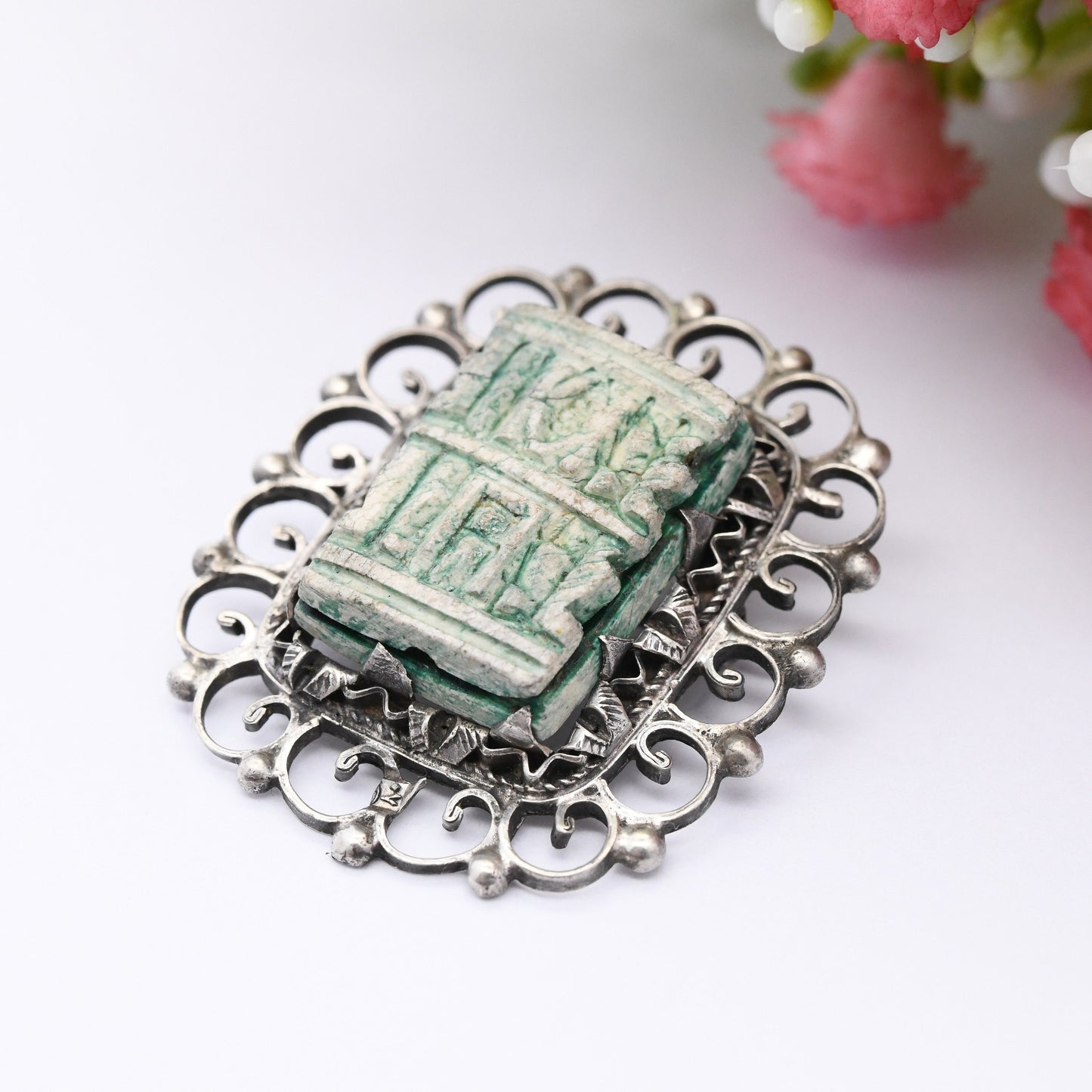 Vintage Egyptian Silver Carved Faience Bead Brooch with Hieroglyphs - Ancient Egyptian Symbols | .800 Silver | Ornate Statement Brooch