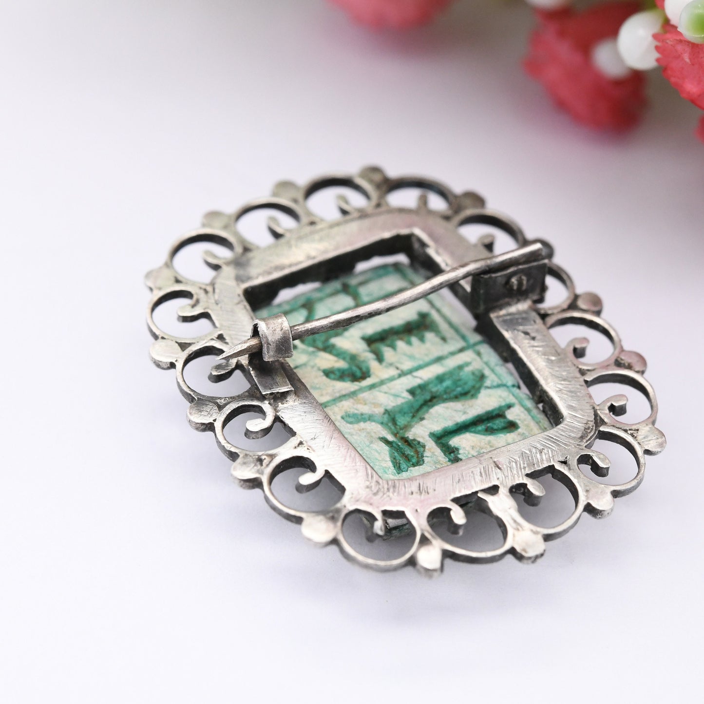 Vintage Egyptian Silver Carved Faience Bead Brooch with Hieroglyphs - Ancient Egyptian Symbols | .800 Silver | Ornate Statement Brooch