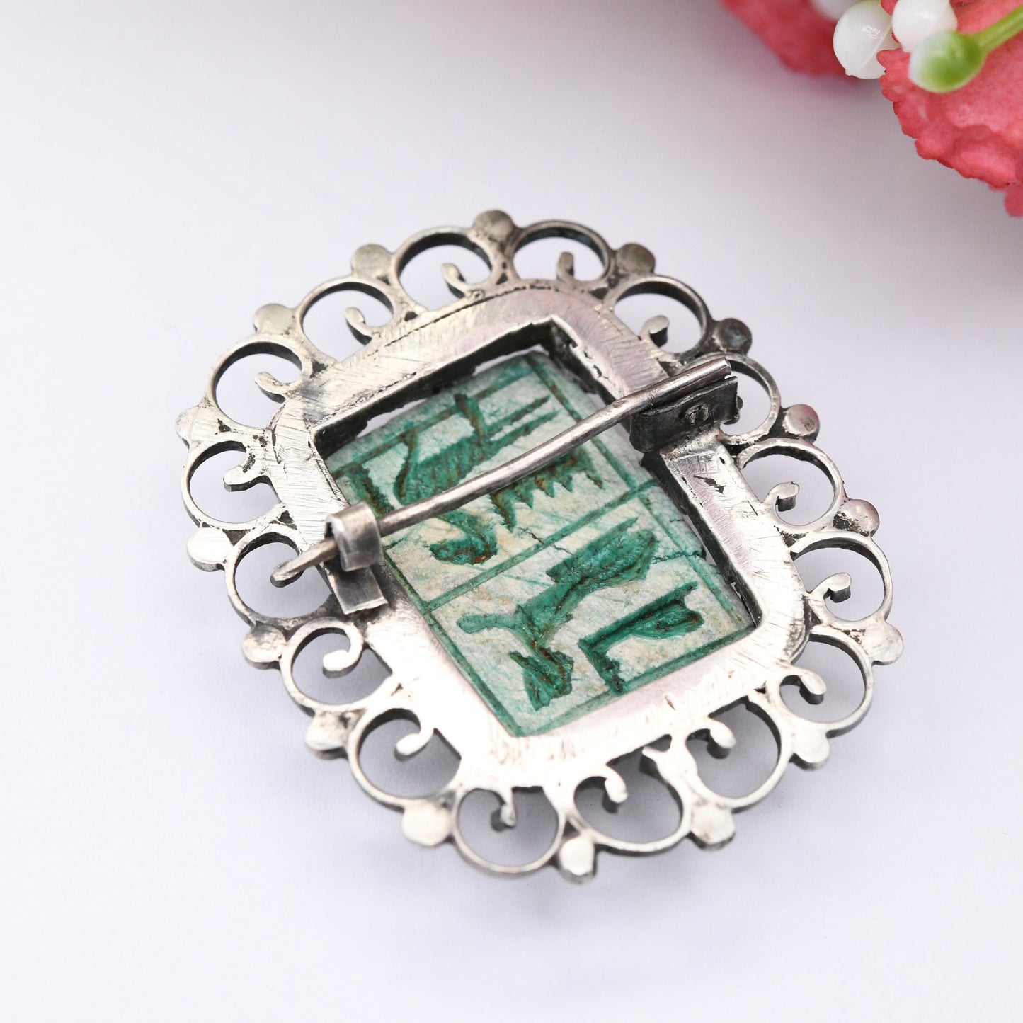 Vintage Egyptian Silver Carved Faience Bead Brooch with Hieroglyphs - Ancient Egyptian Symbols | .800 Silver | Ornate Statement Brooch