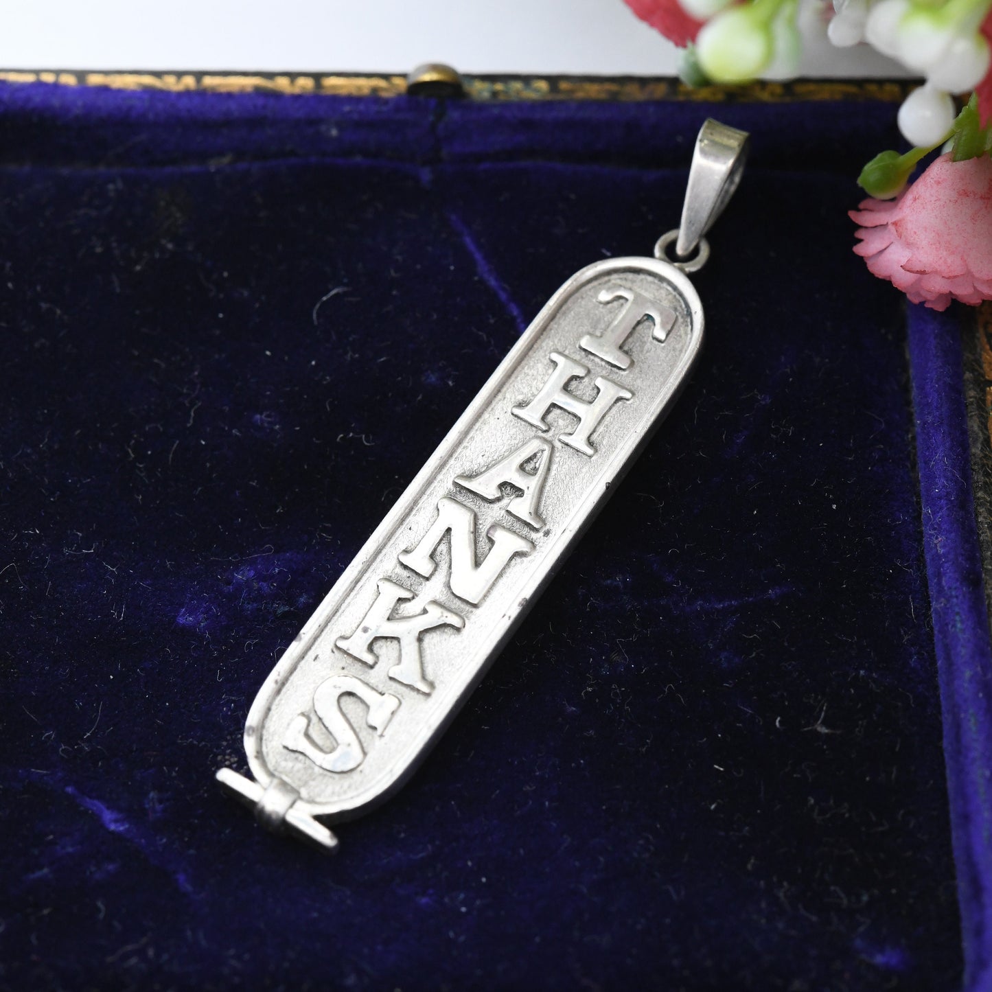Vintage Sterling Silver Thanks Mercie Cartouche Pendant - Thank You Gift | Unusual Necklace for Chunky Chain | French and English