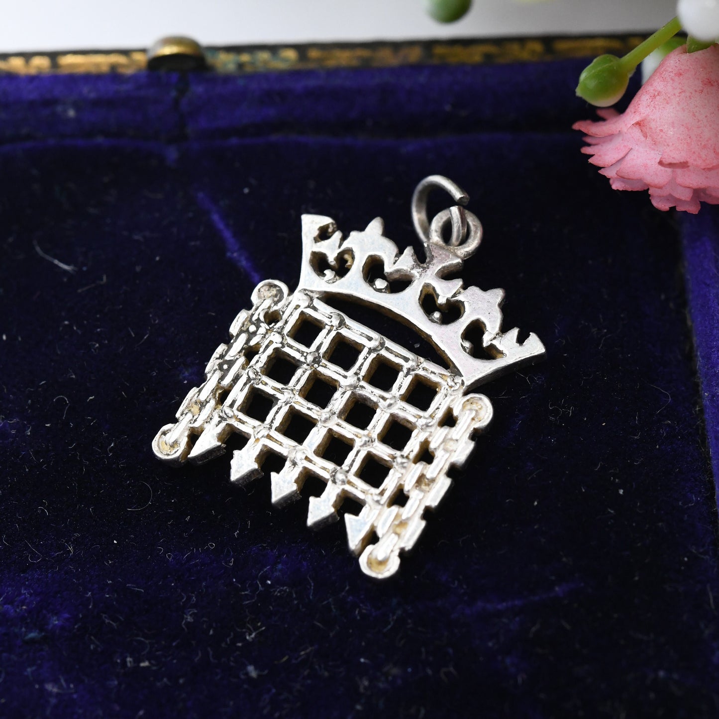 Vintage Sterling Silver Crowned Portcullis Charm Pendant House of Commons Logo - Iconic Gate Symbol | London Souvenir Charm Bracelet