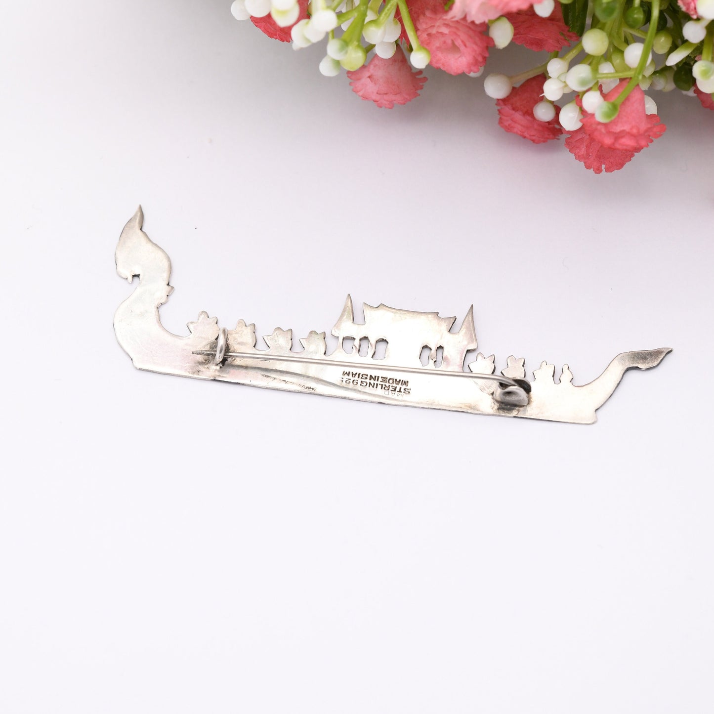 Vintage Sterling Silver Siam Longship Brooch Dragon Figurehead Viking Boat - Oarsmen | Black Niello | Vintage Thailand Silver Figural Brooch