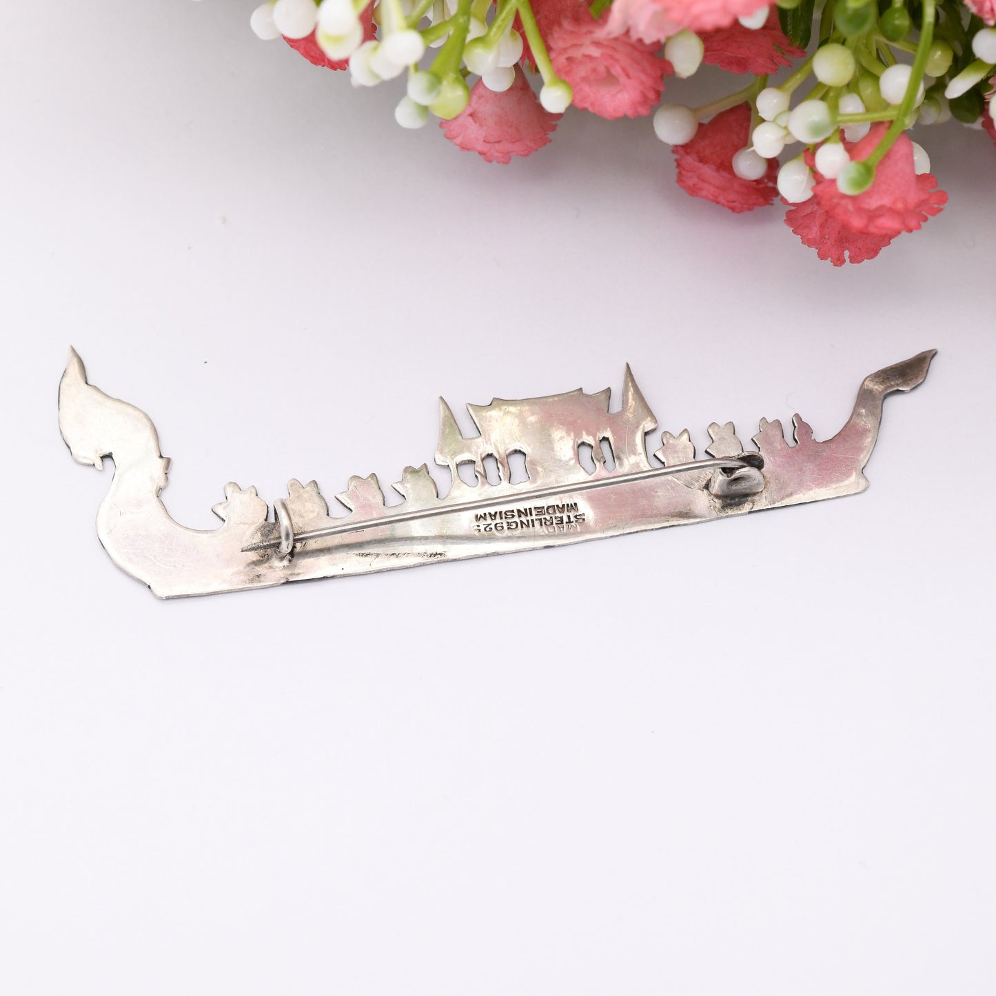 Vintage Sterling Silver Siam Longship Brooch Dragon Figurehead Viking Boat - Oarsmen | Black Niello | Vintage Thailand Silver Figural Brooch