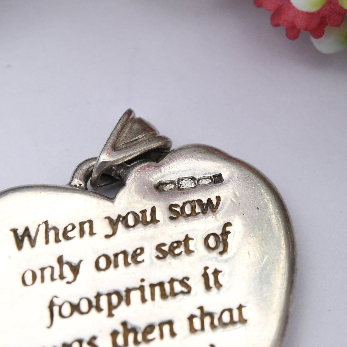 Vintage Sterling Silver Heart Footprints Pendant Brooks & Bentley - When You Saw One Set of Footprints in the Sand Christian Poem Quote Gift