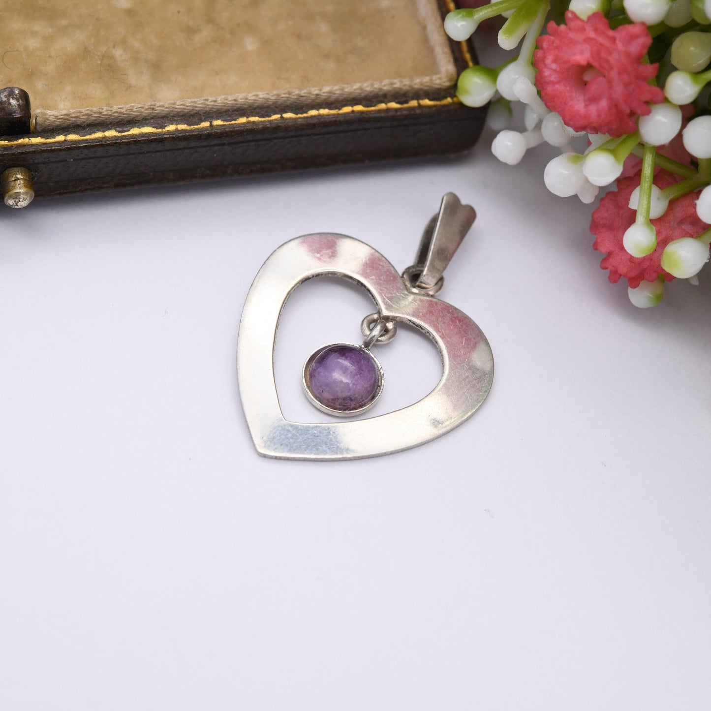 Vintage French Silver Heart Pendant with Articulated Amethyst Drop - Sweet Birthday Gift for Her | Interesting Gemstone Love Heart Jewellery