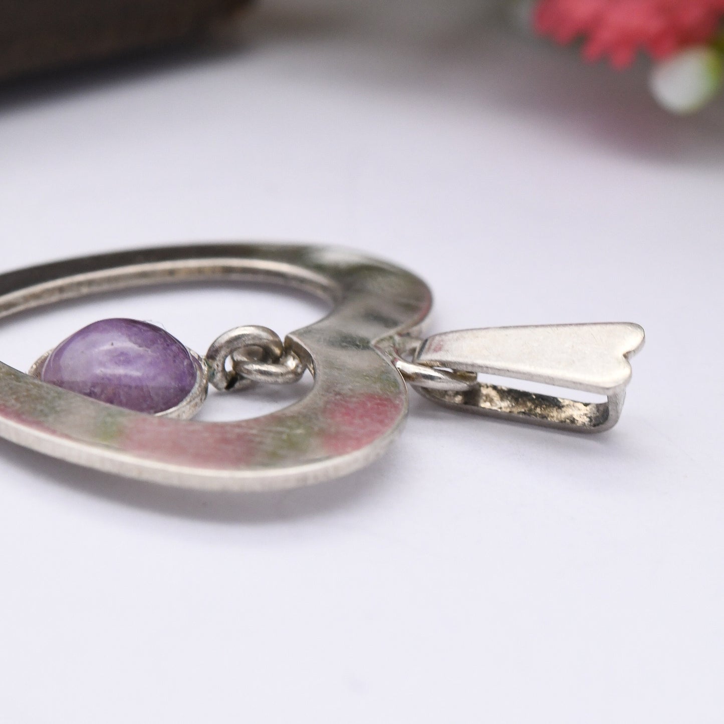 Vintage French Silver Heart Pendant with Articulated Amethyst Drop - Sweet Birthday Gift for Her | Interesting Gemstone Love Heart Jewellery