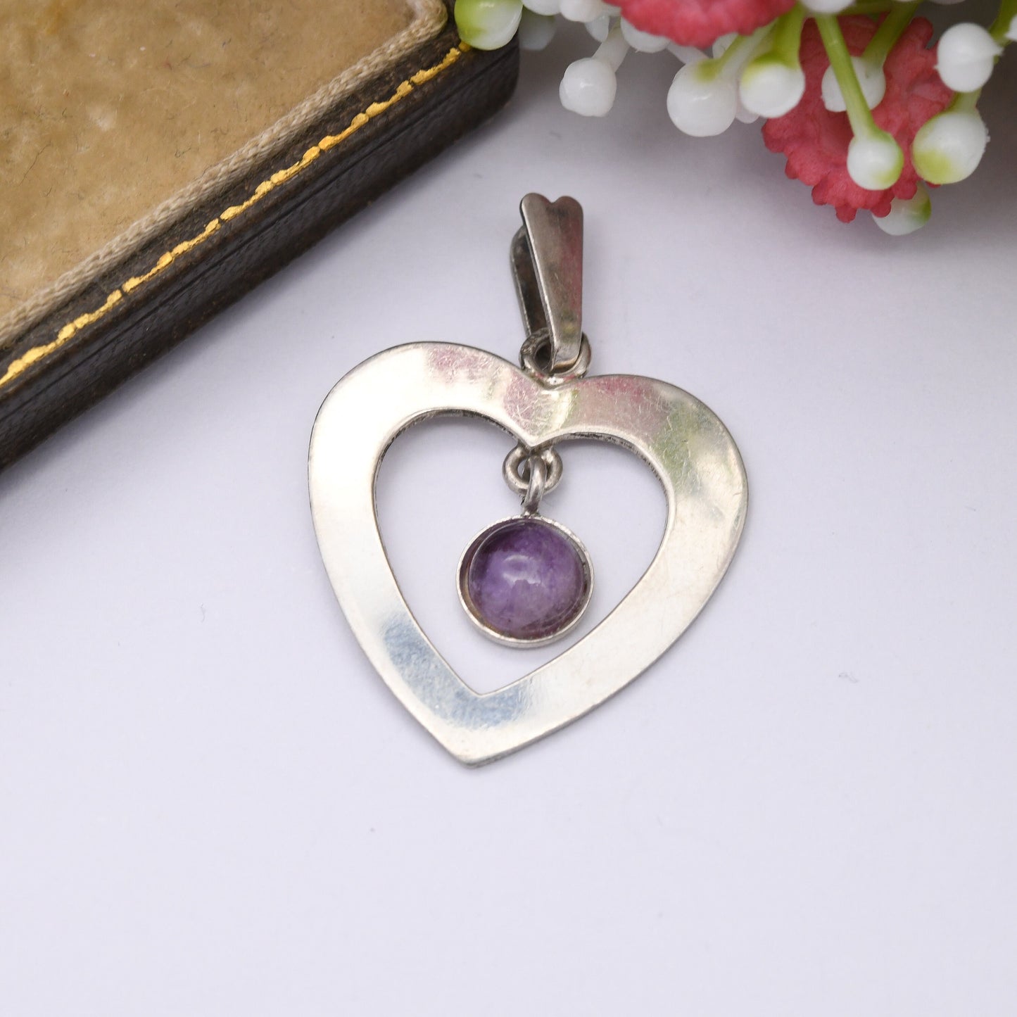 Vintage French Silver Heart Pendant with Articulated Amethyst Drop - Sweet Birthday Gift for Her | Interesting Gemstone Love Heart Jewellery