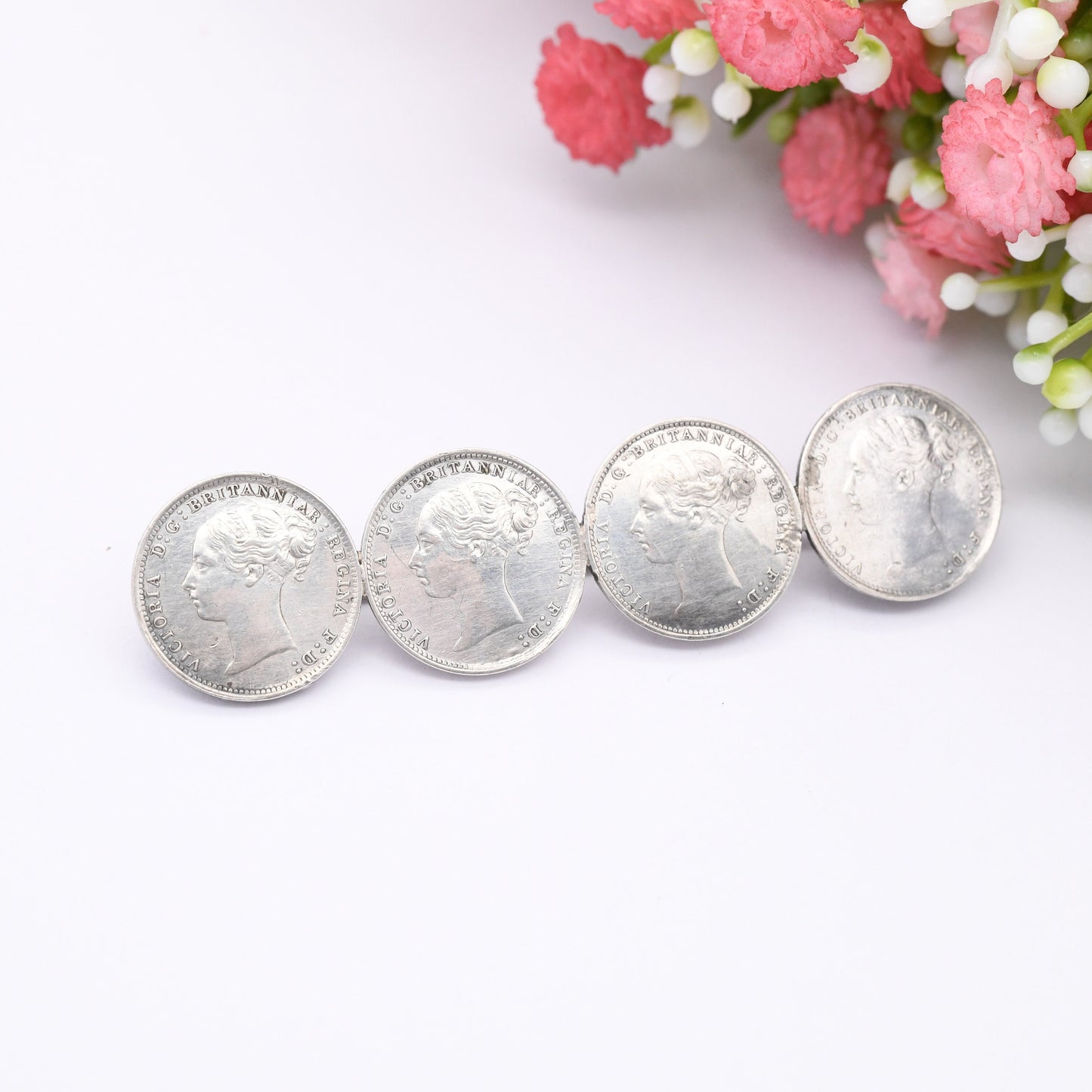 Antique Sterling Silver Victorian Threepence Coin Brooch - 1884 Victoria Young Head Matching Coins | Numismatic Jewellery | Long Bar Brooch