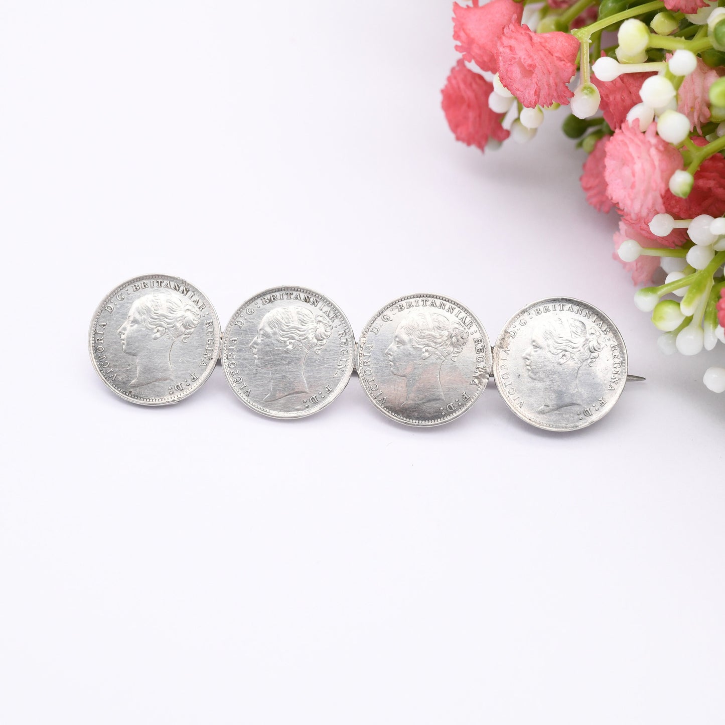Antique Sterling Silver Victorian Threepence Coin Brooch - 1884 Victoria Young Head Matching Coins | Numismatic Jewellery | Long Bar Brooch