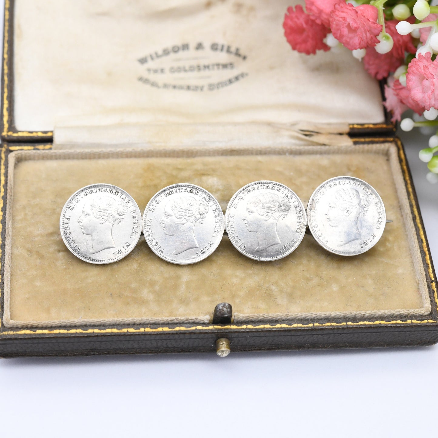 Antique Sterling Silver Victorian Threepence Coin Brooch - 1884 Victoria Young Head Matching Coins | Numismatic Jewellery | Long Bar Brooch