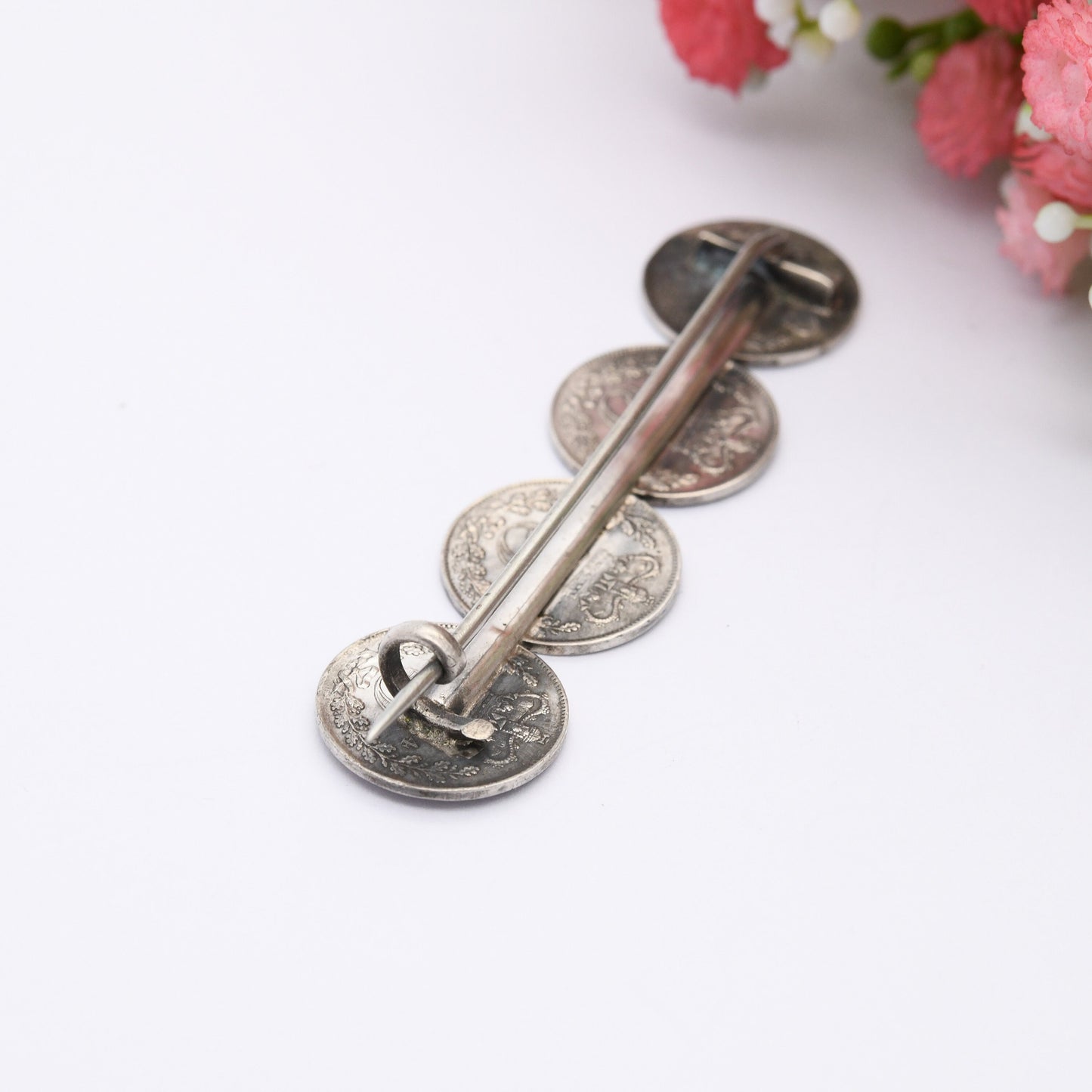 Antique Sterling Silver Victorian Threepence Coin Brooch - 1884 Victoria Young Head Matching Coins | Numismatic Jewellery | Long Bar Brooch