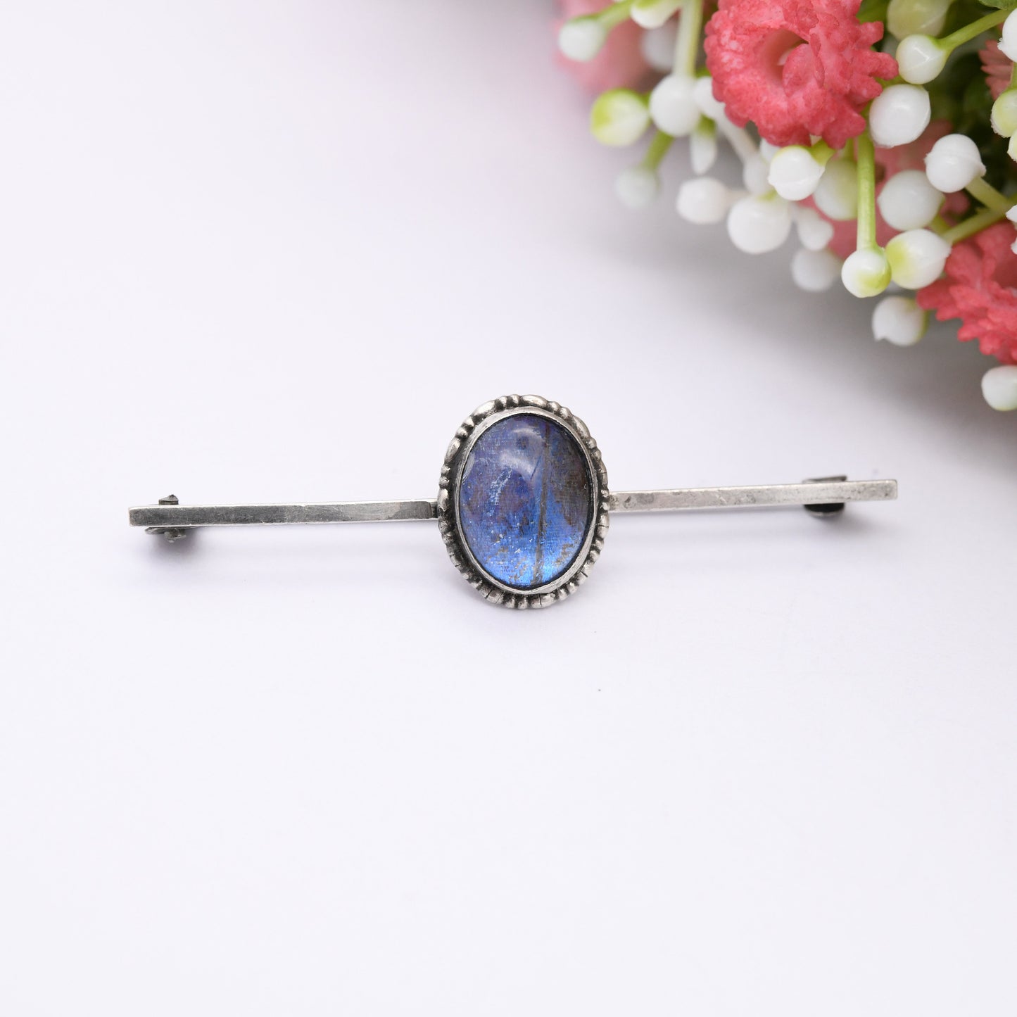 Vintage Art Deco Sterling Silver Butterfly Wing Bar Brooch - True Vintage Blue Butterfly Long Pin