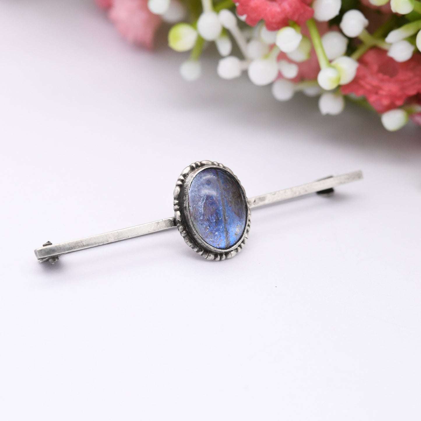 Vintage Art Deco Sterling Silver Butterfly Wing Bar Brooch - True Vintage Blue Butterfly Long Pin