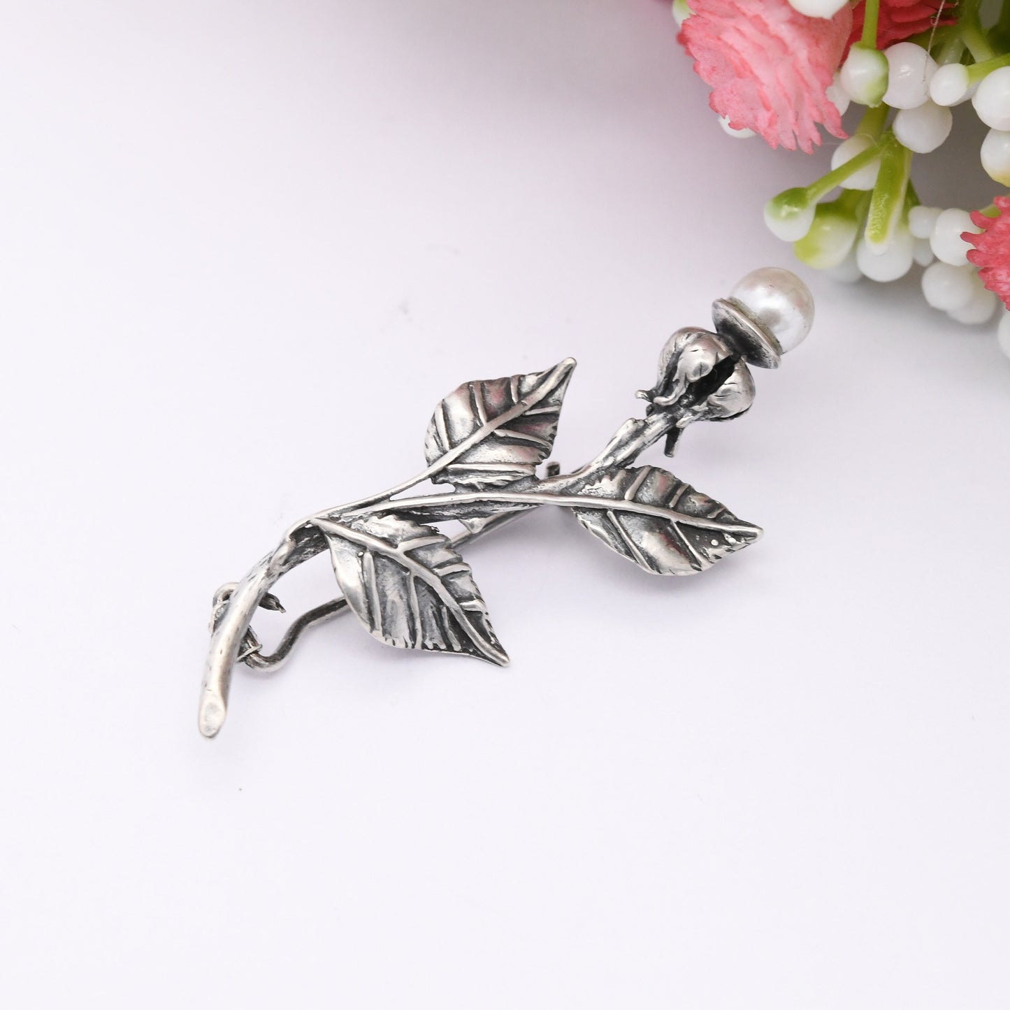 Vintage European Silver Faux Pearl Flower Brooch - Mid-Century Leaf Floral Design | Pretty Gift Jewellery for Her