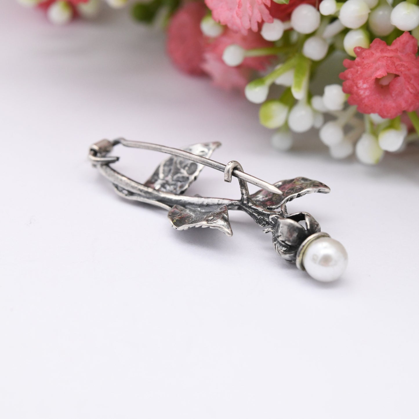 Vintage European Silver Faux Pearl Flower Brooch - Mid-Century Leaf Floral Design | Pretty Gift Jewellery for Her