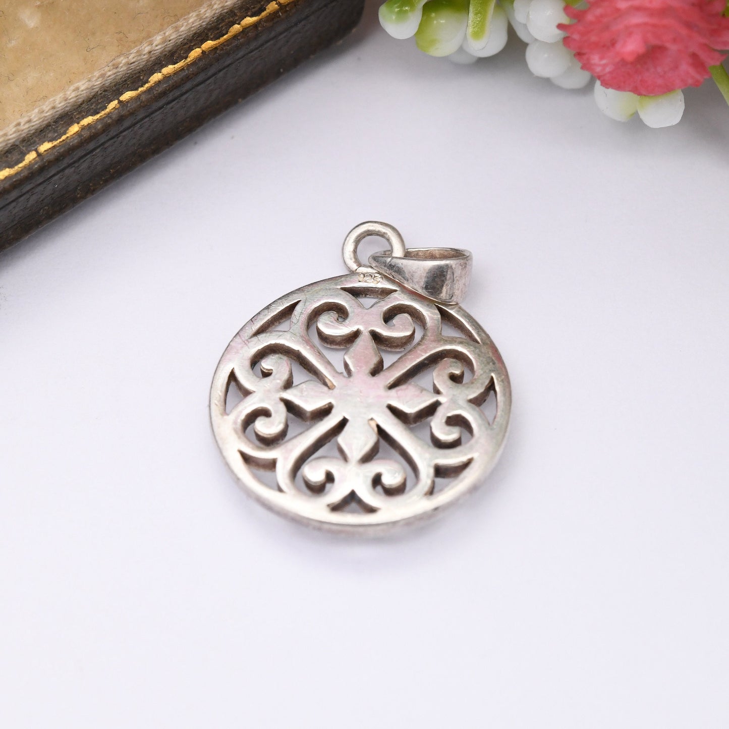 Vintage Sterling Silver Pendant with Openwork Heart Design - Circular Necklace Charm