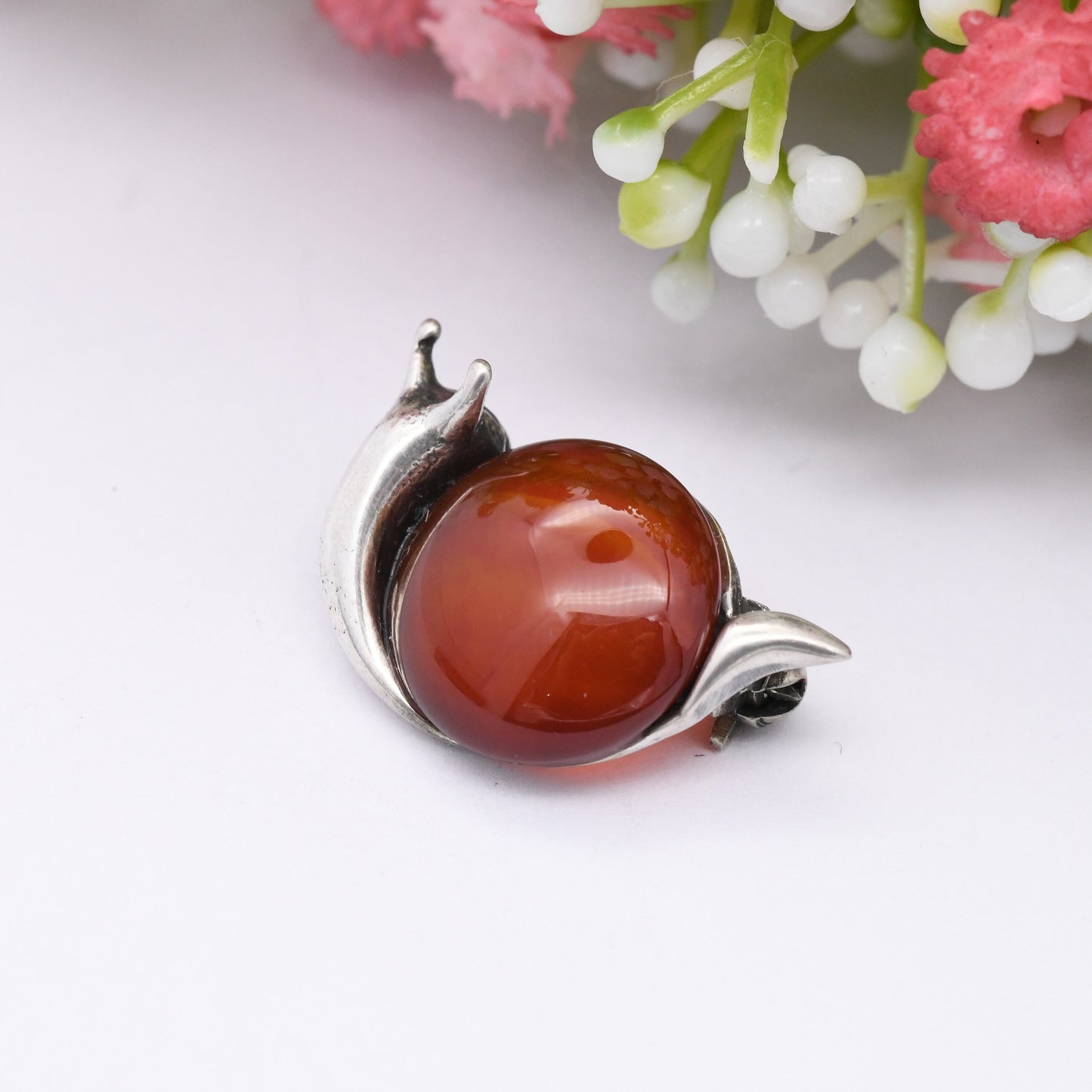 Vintage Sterling Silver Carnelian Snail Brooch - Cute Insect Gift | Small Red Gemstone Jewellery