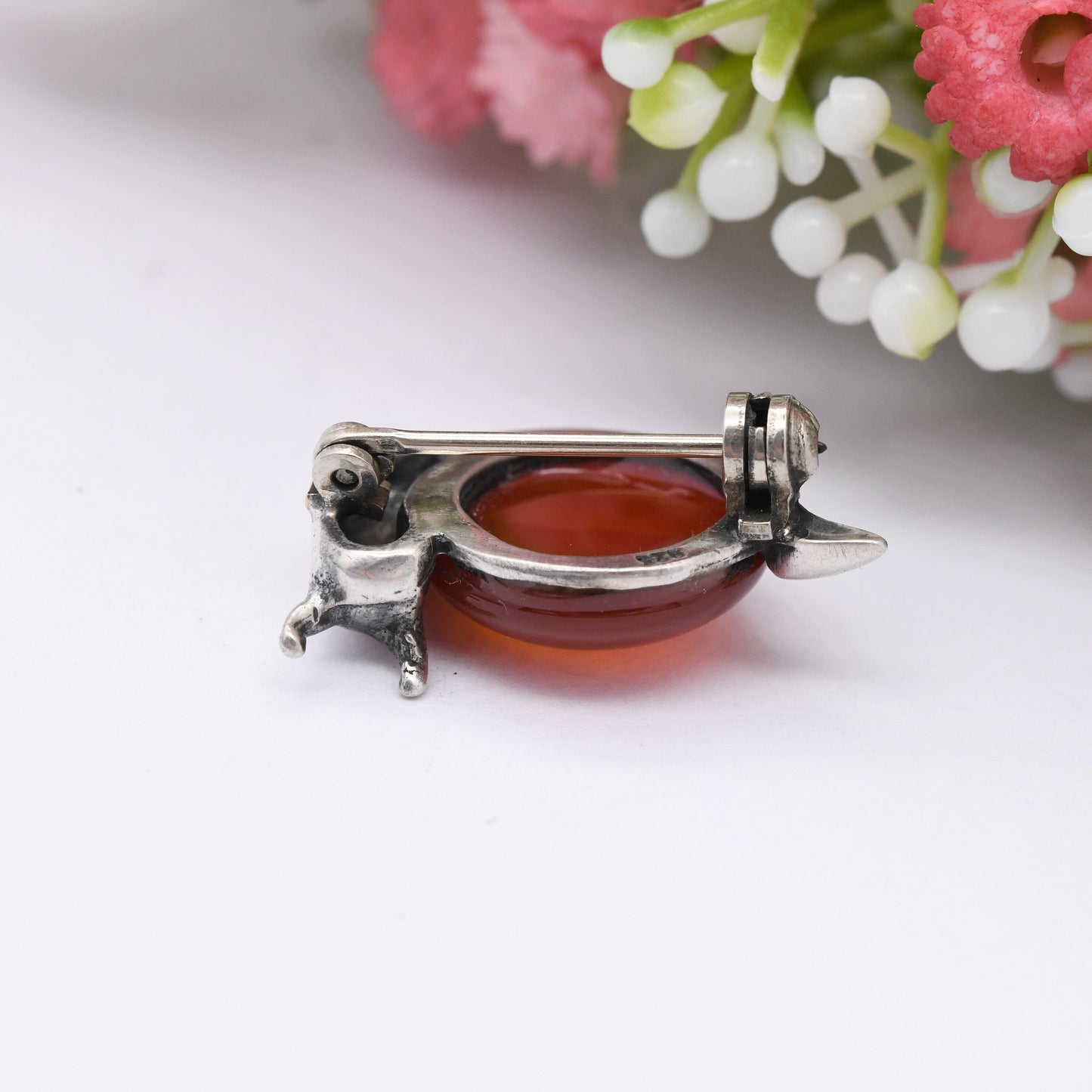 Vintage Sterling Silver Carnelian Snail Brooch - Cute Insect Gift | Small Red Gemstone Jewellery