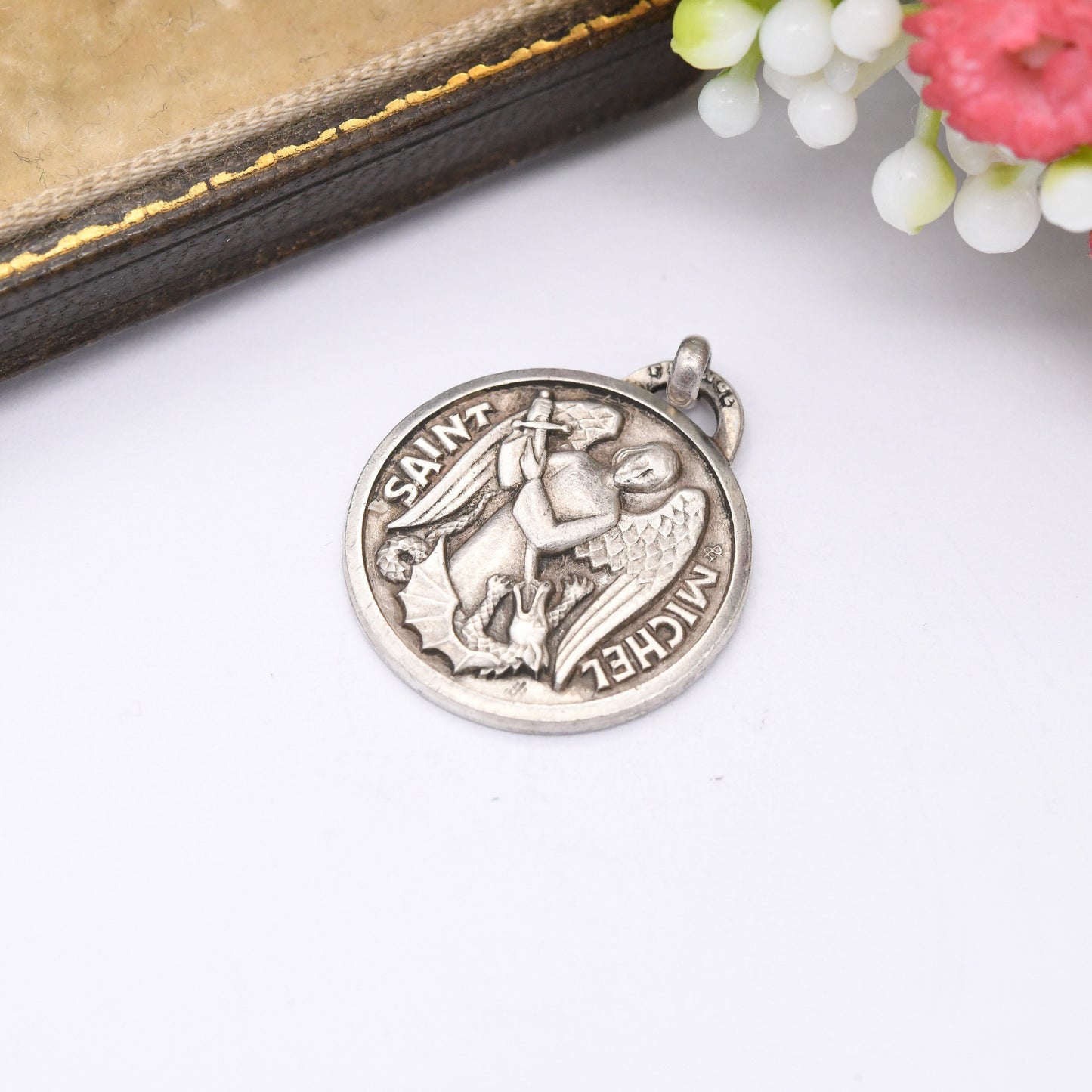 Vintage French Silver St. Michael and Dragon Charm Pendant - Mid-Century European Religious Silver Jewellery | .800 Solid Silver