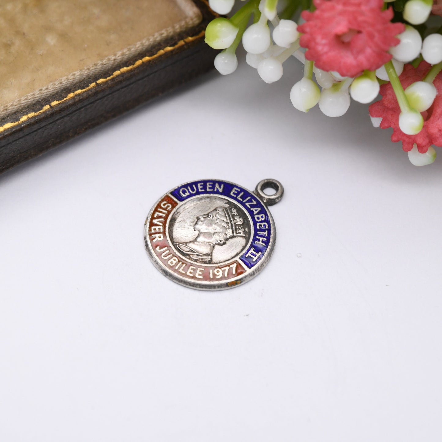 Vintage Sterling Silver Elizabeth II Charm Pendant Silver Jubilee 1977 - Mid-Century Royal Souvenir | Blue and Red Enamel | Queen Elizabeth