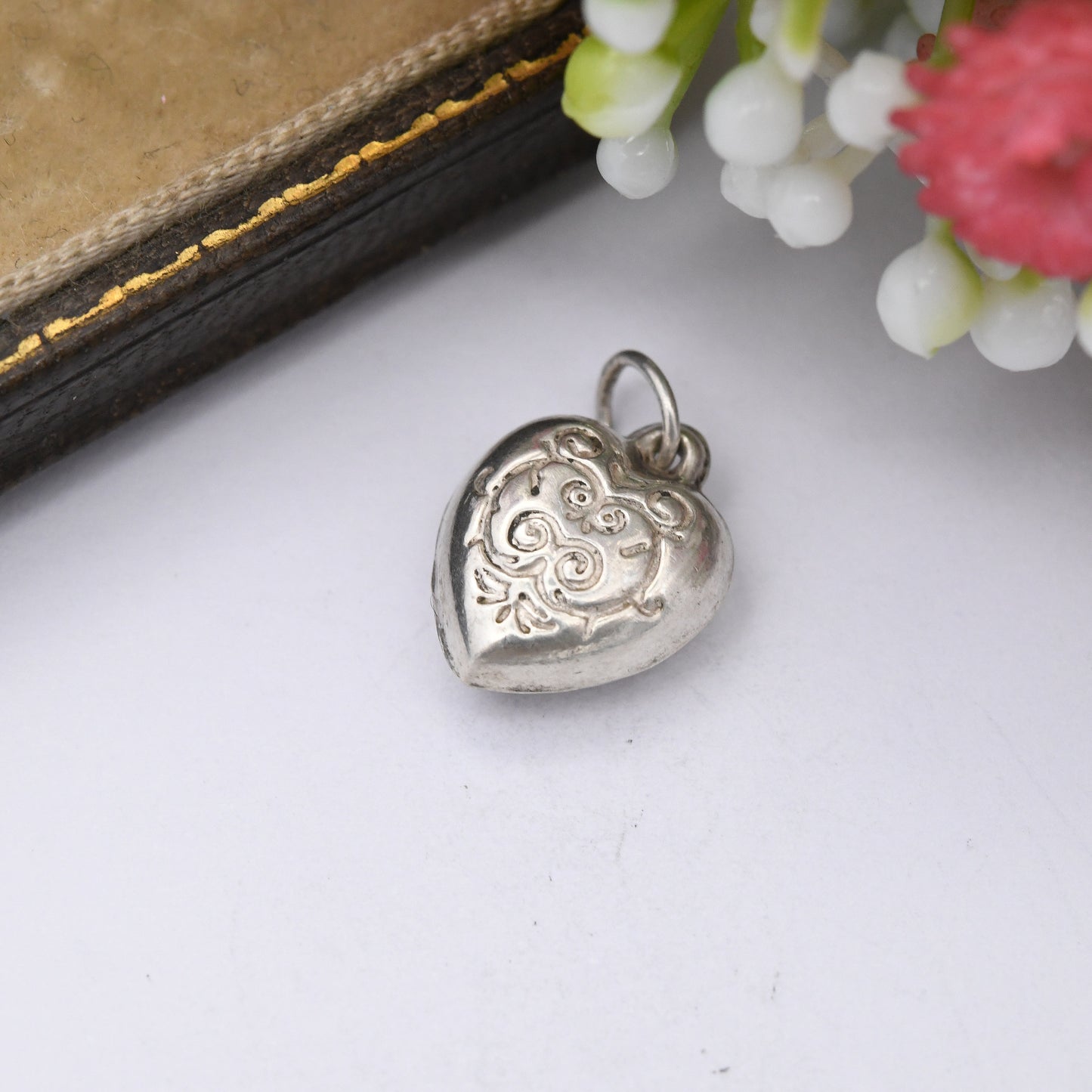 Vintage Sterling Silver Heart Charm Pendant with Engraved Pattern - Small Puffed Love Heart
