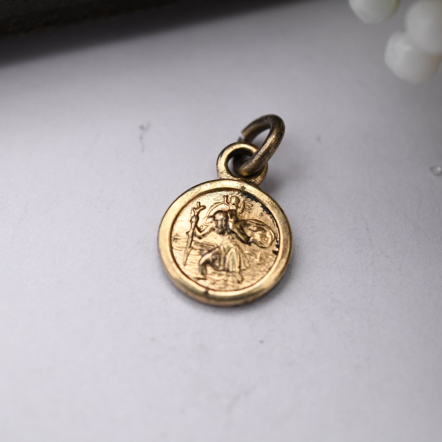 Vintage Sterling Silver St. Christopher Charm Pendant Miniature - Small Circle Good Luck Traveller Token | Mid-Century | Gold Plated