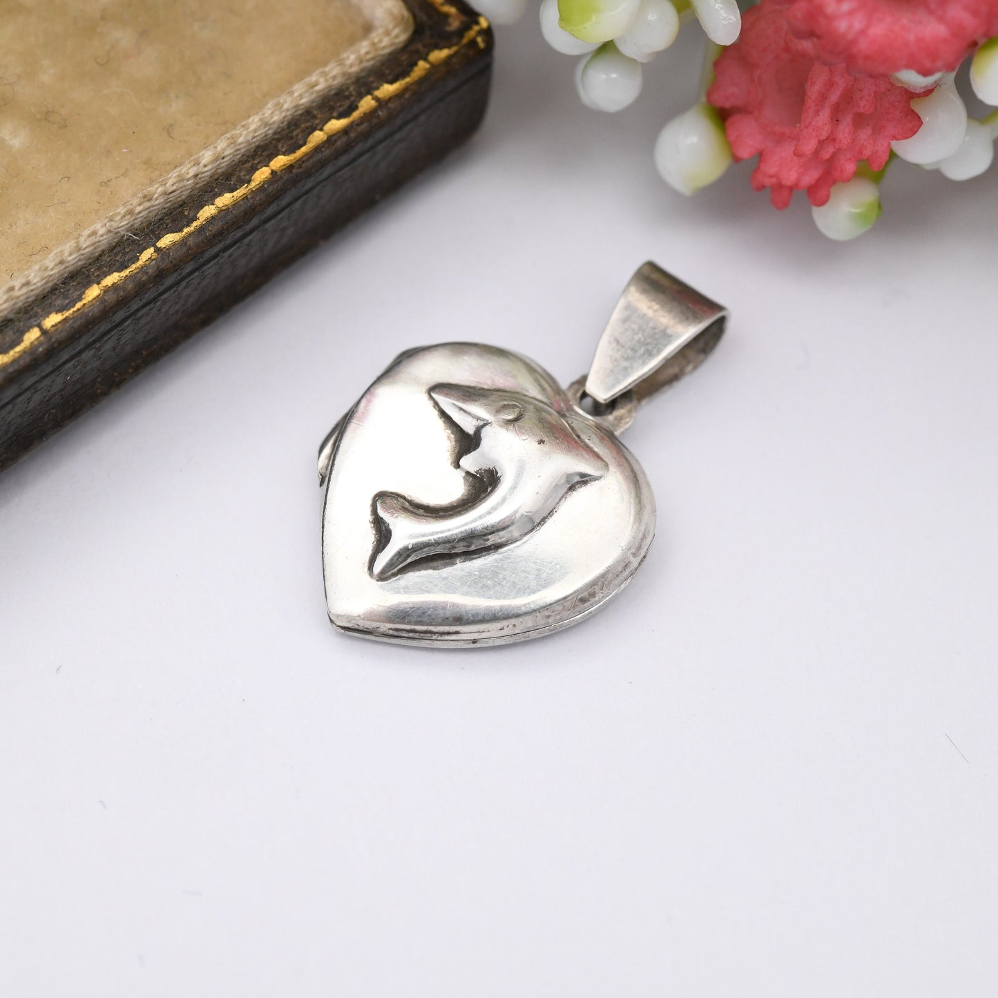 Vintage Sterling Silver Dolphin Heart Locket Pendant - Small Love Heart Shape | Minimal Everyday Solid Silver Jewellery | Sweet Gift for Her